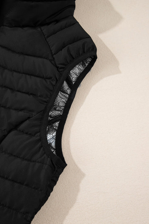 Plush Collared Quilted Zipped Puffer Vest